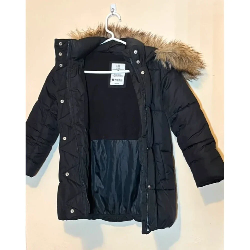 Gap Girls Black Hooded Puffer Coat Size S Faux Fur Trim Zip Down Insulated